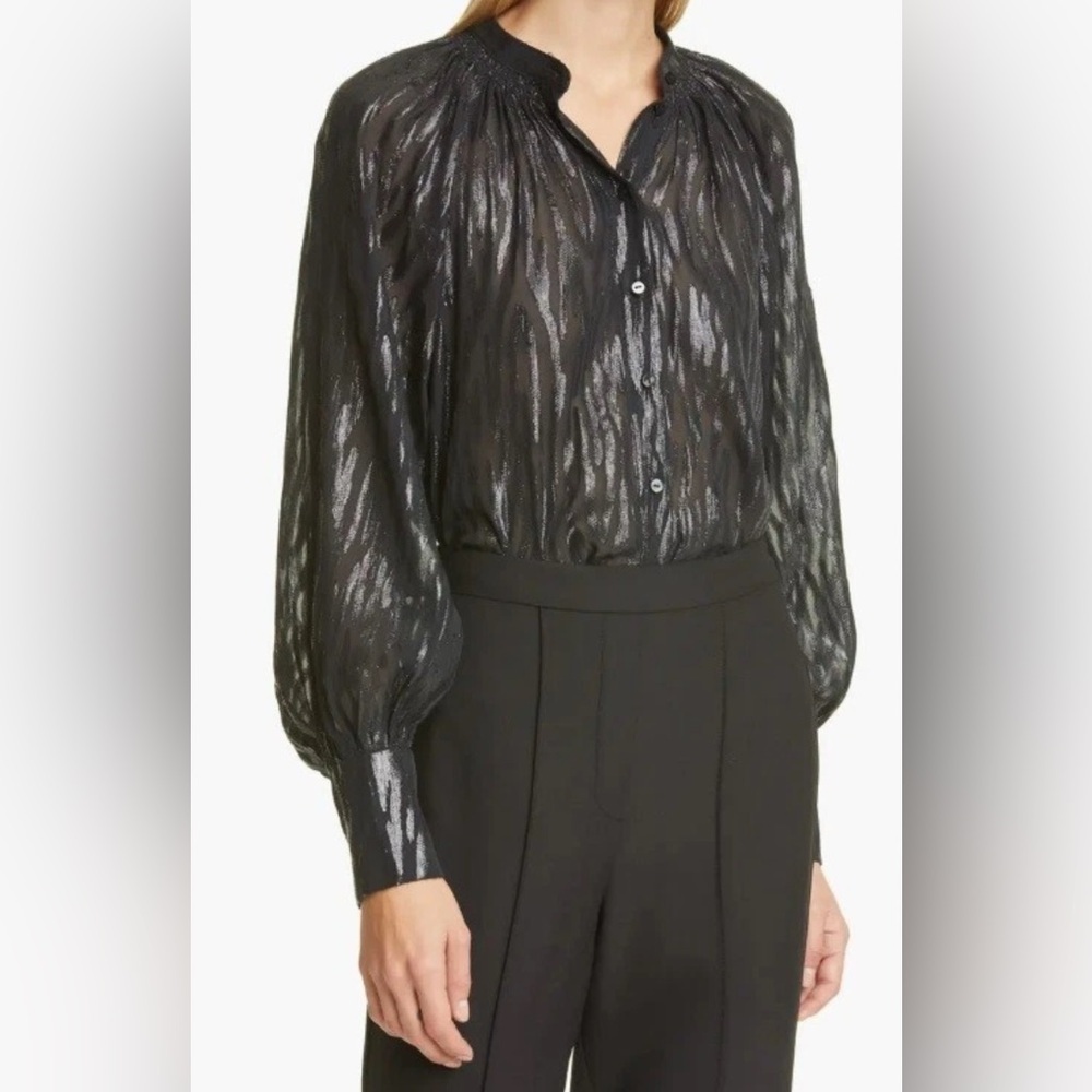 Rebecca Taylor Sheer and Shimmery Black Zebra Print Blouse 0 NWT